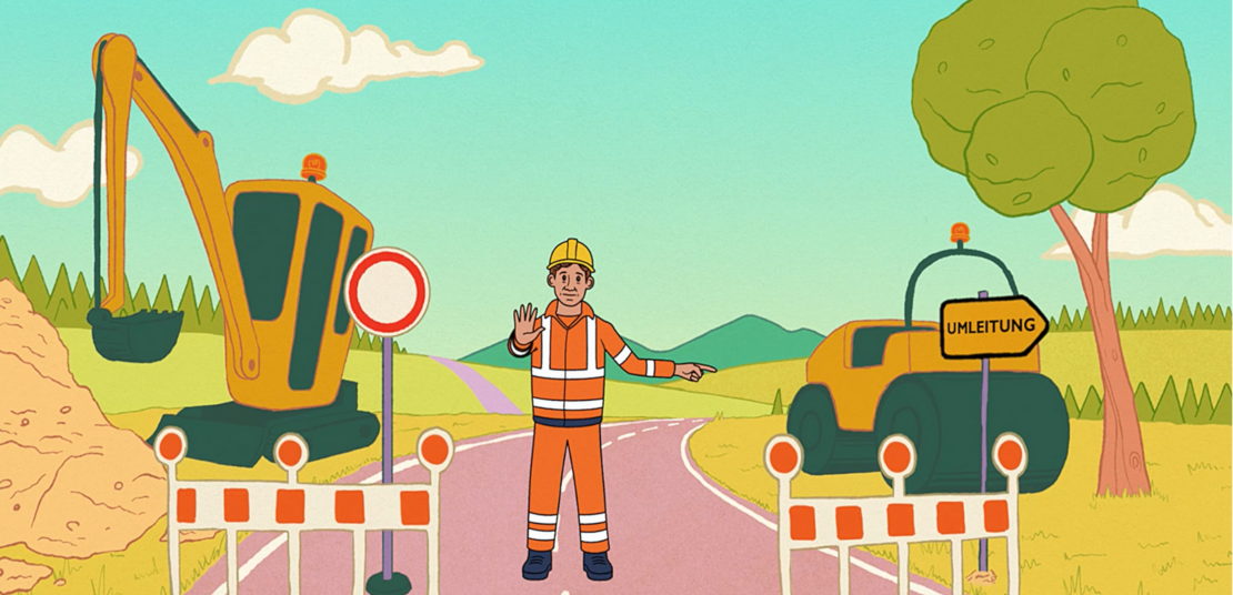 Auf sicheren Umwegen durch Sachsen-Anhalt  Eine Zeichnung: Ein Bauarbeiter steht auf einer Baustelle, Absperrung im Vordergrund, Baumaschinen im Hintergrund