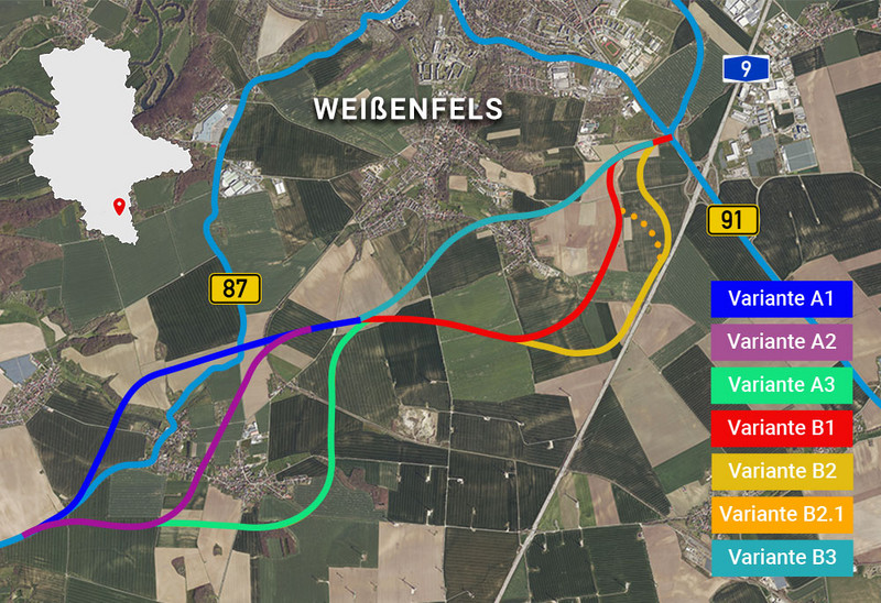 Skizze der Planungsvarianten der Ortsumgehung Weißenfels (Südtangente)